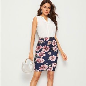 Blue, pink floral pencil skirt